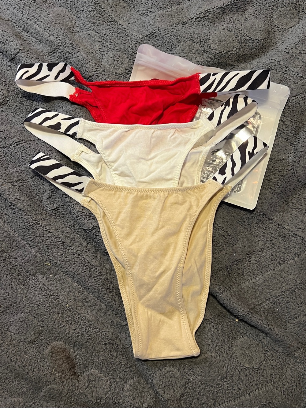 3-Pack Zebra Strap Bikini Thongs - Red, White, Beige